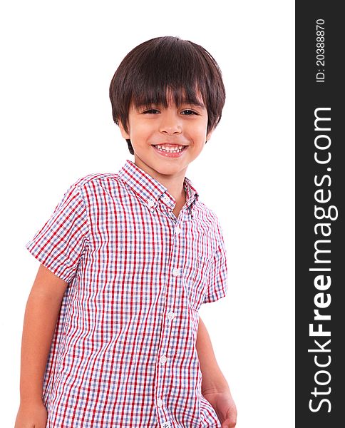 Smiling happy child isolated over white background. boy