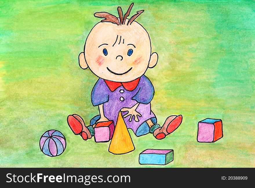 Watercolor original drawing of baby playing with toys. Watercolor original drawing of baby playing with toys.