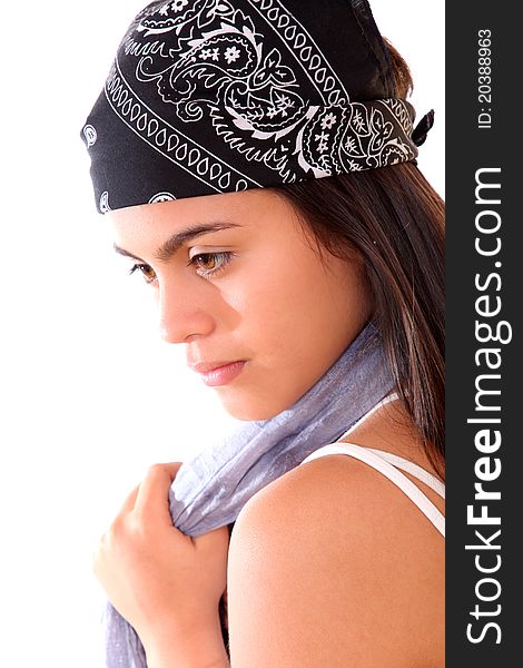 Young woman with black headscarf isolated over white background