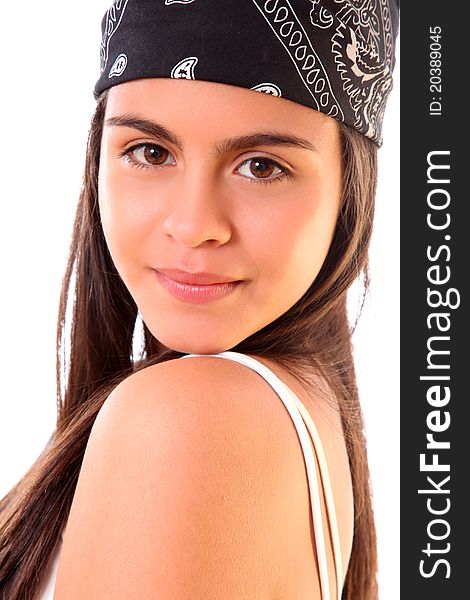 Young girl with black headscarf isolated over white background