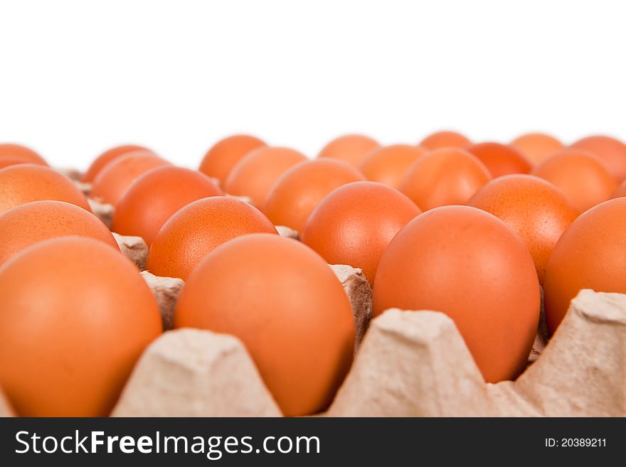 Eggs in the box close up isolated on a white background