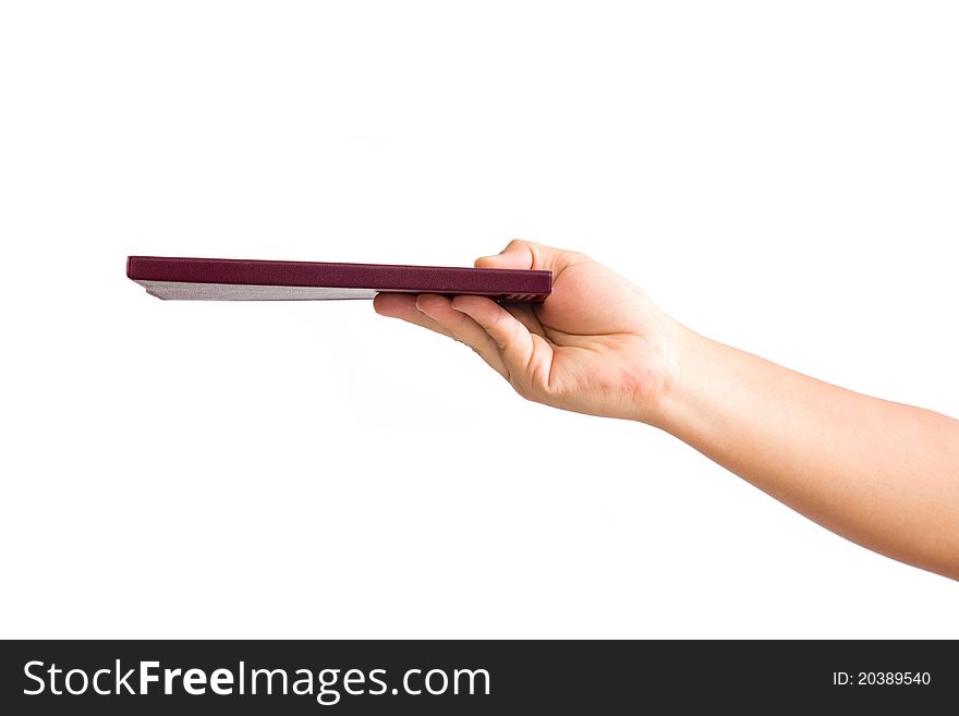 Notebook in hand on a white background for design work