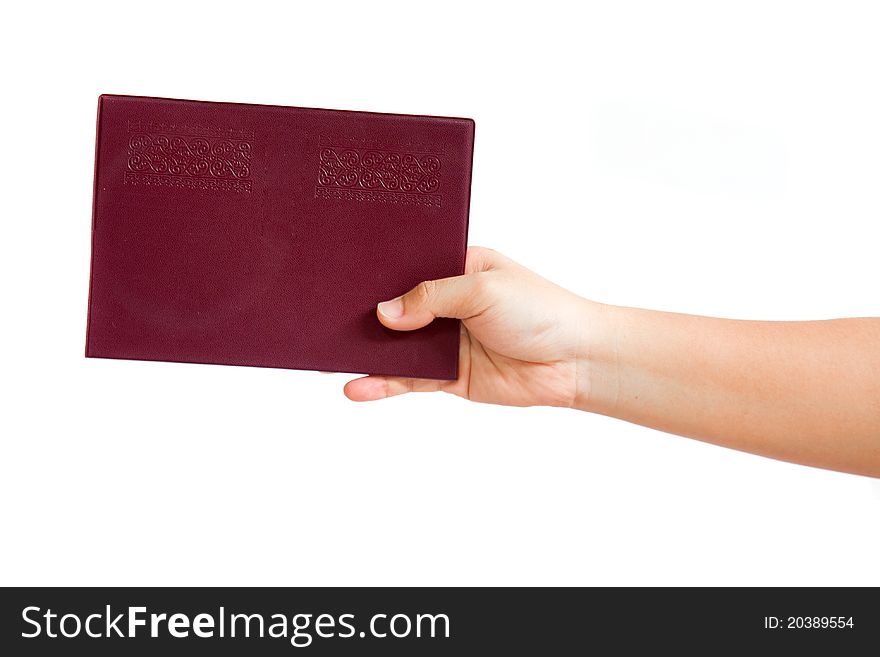 Notebook in hand on a white background for design work