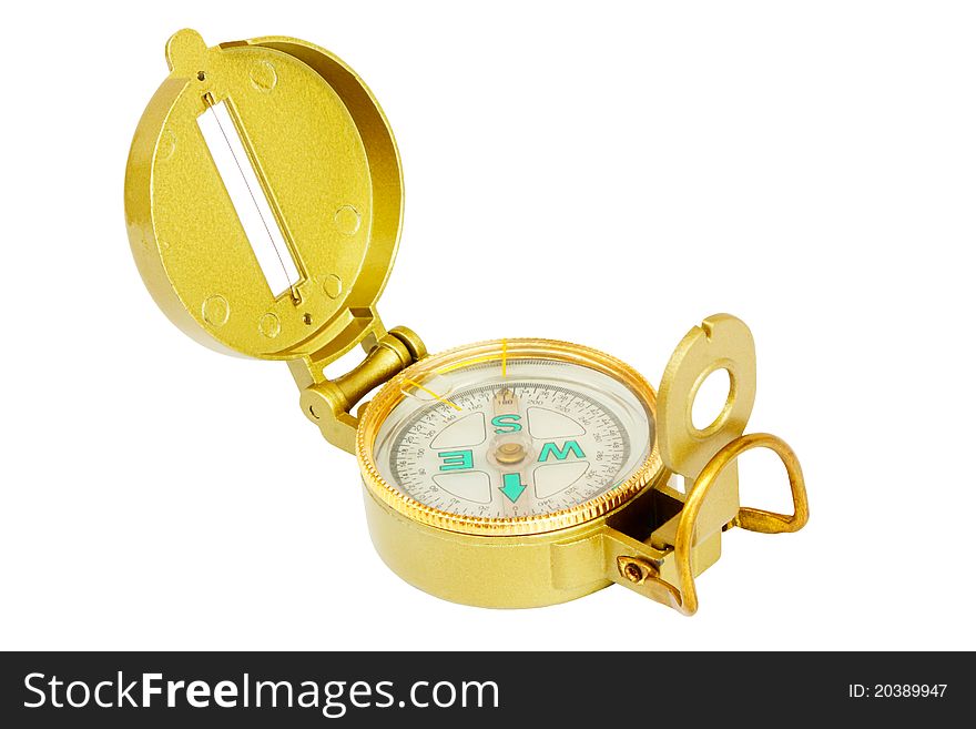 Old Style Brass Compass On White