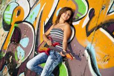 Girl With Guitar And Graffiti Wall Royalty Free Stock Photo Girl With Guitar And Graffiti Wall Royalty Free Stock Photo