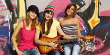 Girls With Guitar And Graffiti Wall Stock Photo Girls With Guitar And Graffiti Wall Stock Photo