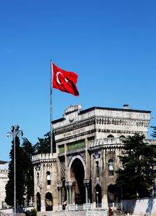 Turkish Flag Above University Building Stock Photo