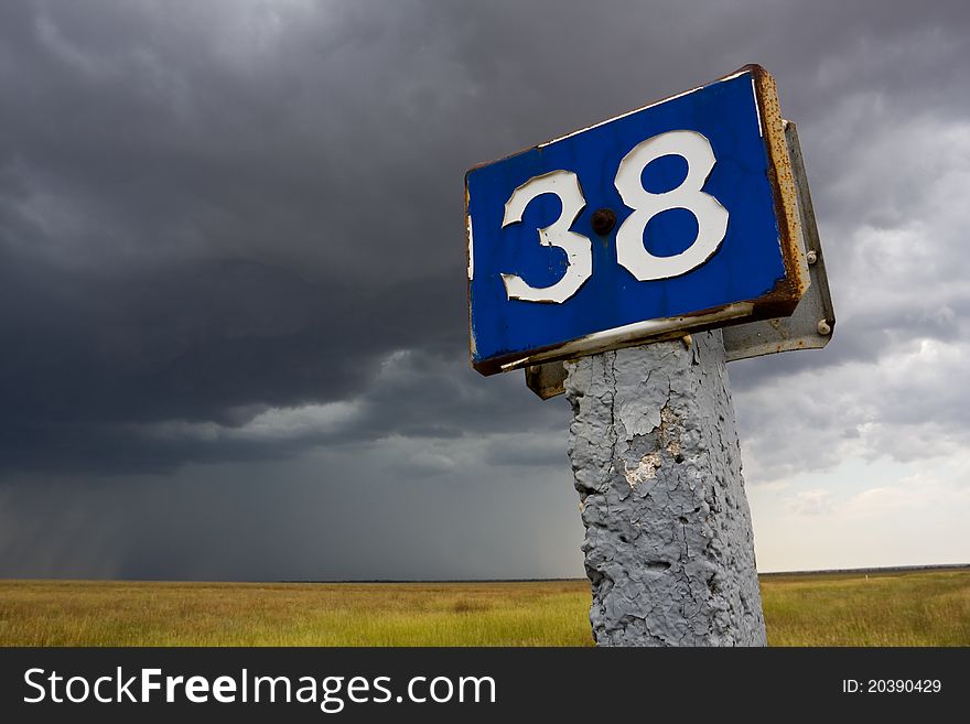 Distance mark on dark clouds in sky background