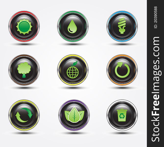Eco sign and symbols on glossy button. Eco sign and symbols on glossy button
