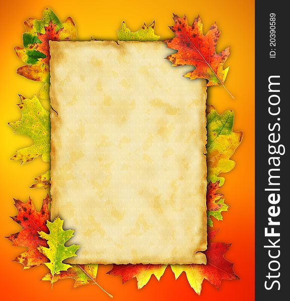 Falling autumn leaves with blank old paper. Falling autumn leaves with blank old paper