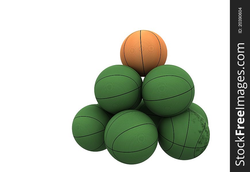 Orange ball unique in green basket balls. Orange ball unique in green basket balls