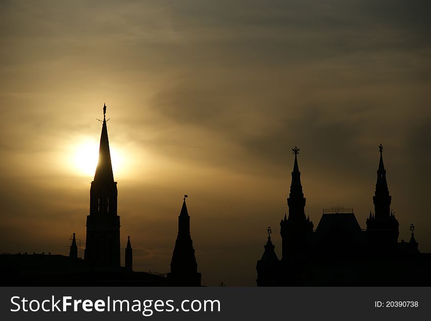 Russia, Moscow. Night view of the Kremlin.