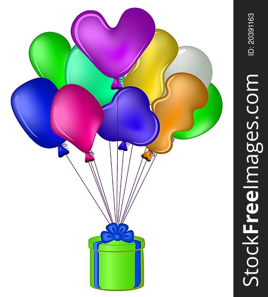 Balloons all colours of a rainbow fly with a green gift box. Balloons all colours of a rainbow fly with a green gift box