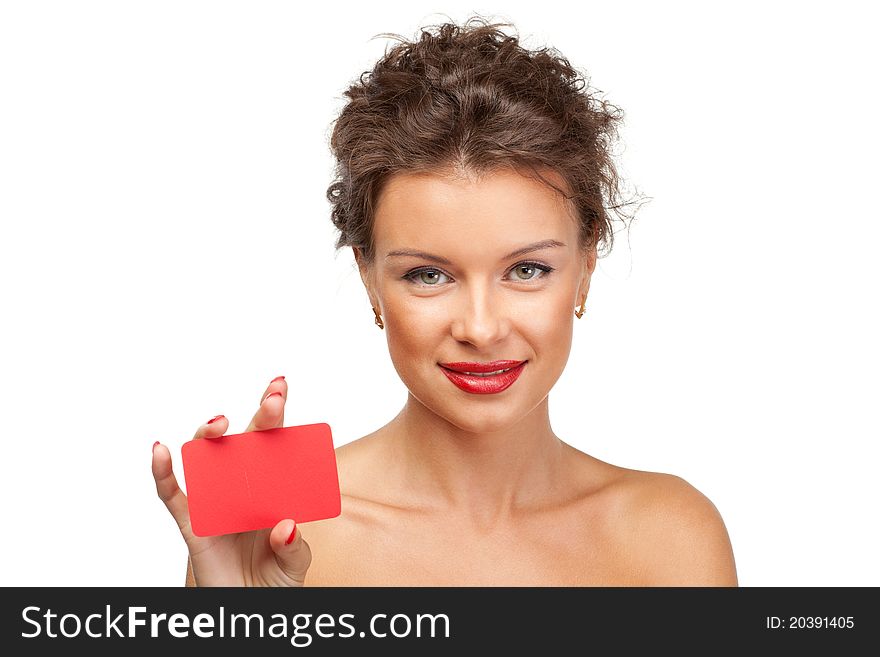 Close-up portrait of cheerful female holding discount card isolated on white background. Close-up portrait of cheerful female holding discount card isolated on white background