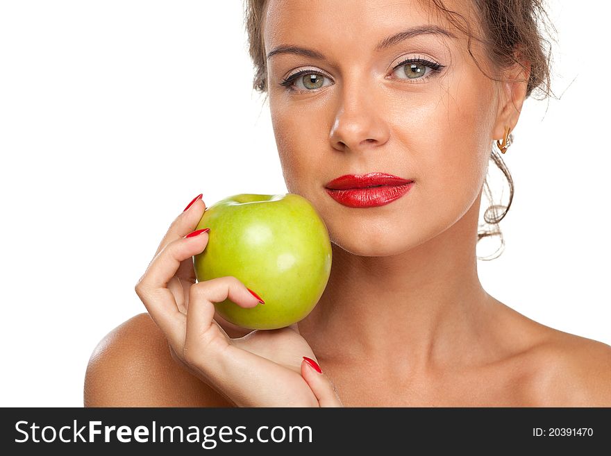 Close-up portrait of young female holding green apple, isolated on white background. Close-up portrait of young female holding green apple, isolated on white background