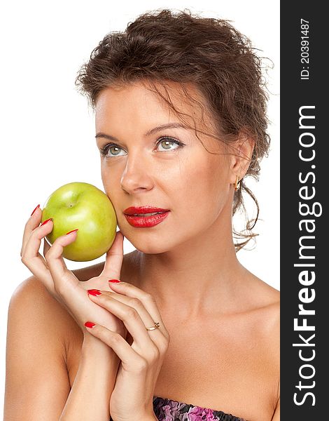 Close-up portrait of young female holding green apple, isolated on white background. Close-up portrait of young female holding green apple, isolated on white background