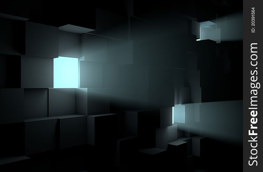 Render of a wall made of cubes with some shining through. Render of a wall made of cubes with some shining through.
