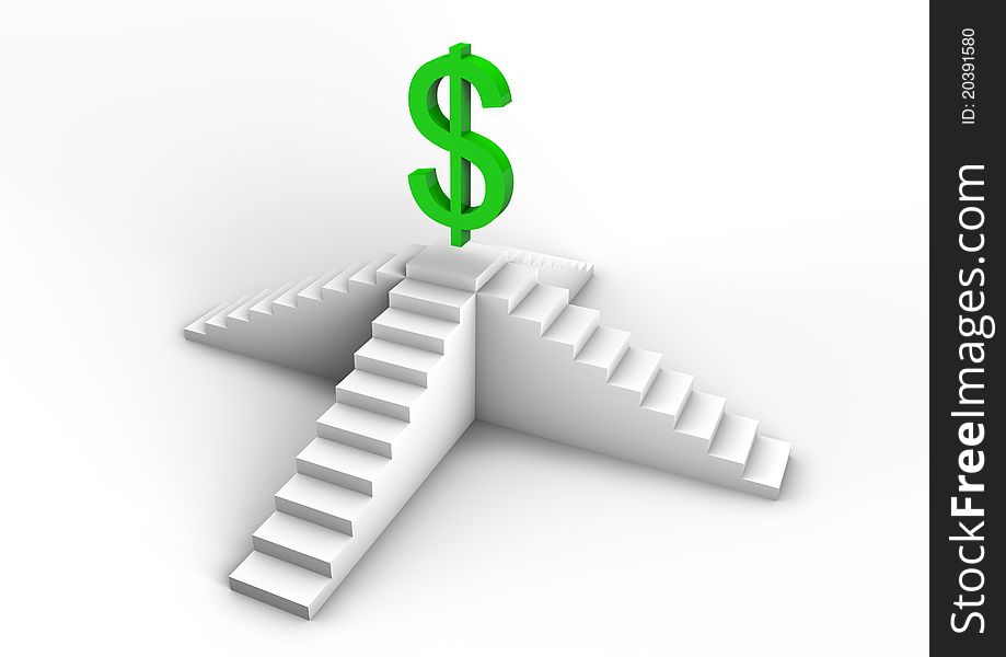 Render of a green dollar symbol on a staircase.