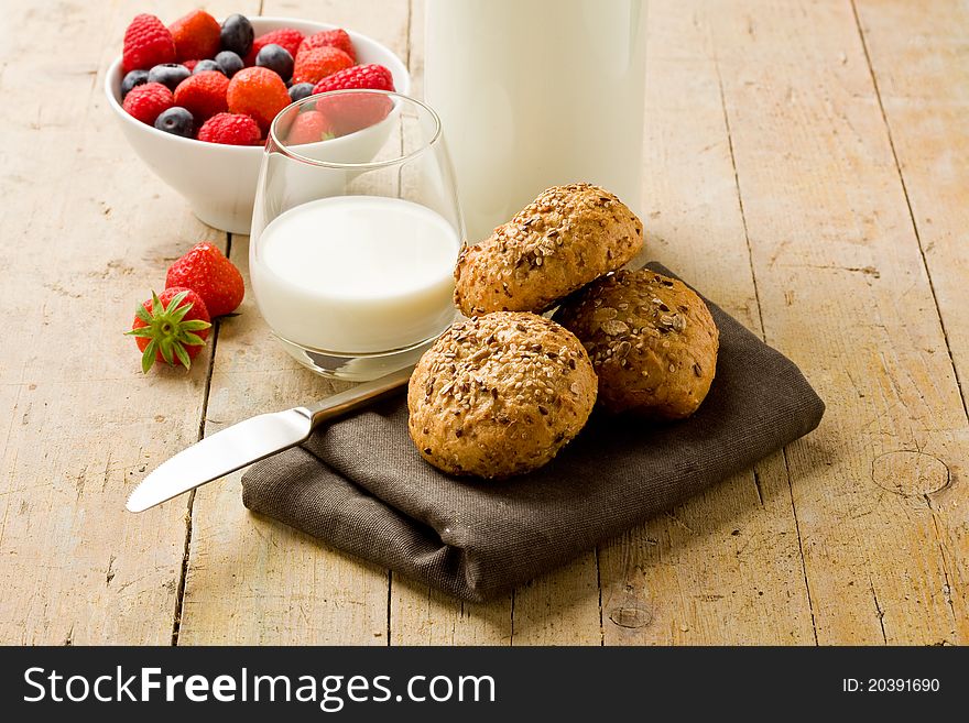 Photo of delicious table with ingredients used for breakfast