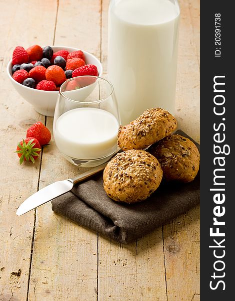 Photo of delicious table with ingredients used for breakfast