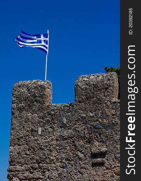 Picture of a Greek flag on a fort. Picture of a Greek flag on a fort