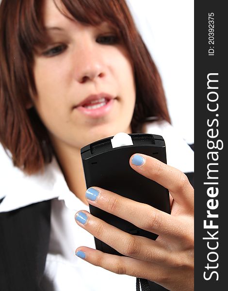 Girl with a black mobile phone device. Girl with a black mobile phone device