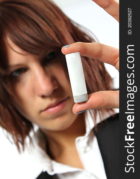 Girl with white and grey battery. Girl with white and grey battery