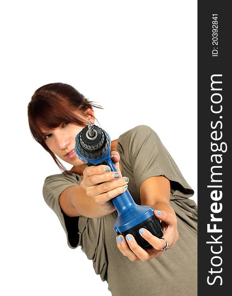 Girl with a blue drill. Girl with a blue drill