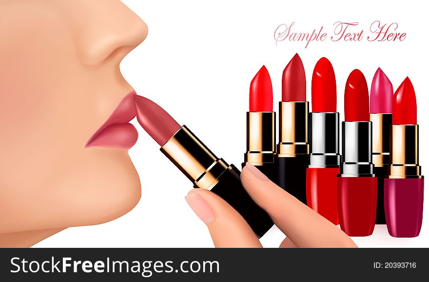 Lipsticks And Happy Female Lips Over White. Vector