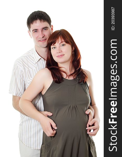 Happy pregnant couple on white background