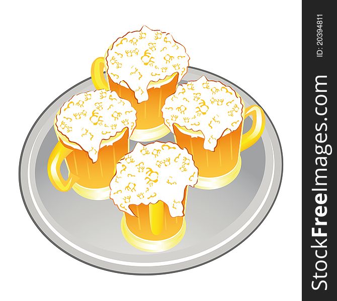 Light beer mug or goblet on silver tray. Detailed illustration.