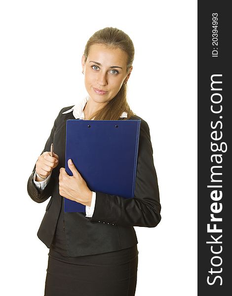 Close-up of contemporary business woman in suit with folder isolated on white background. Close-up of contemporary business woman in suit with folder isolated on white background