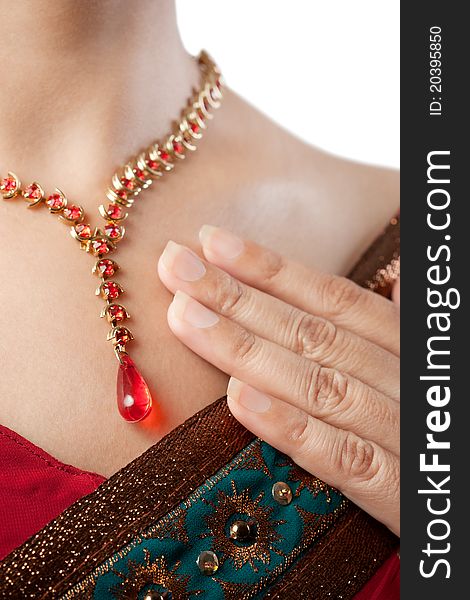 Close up of necklace over female body skin. Close up of necklace over female body skin