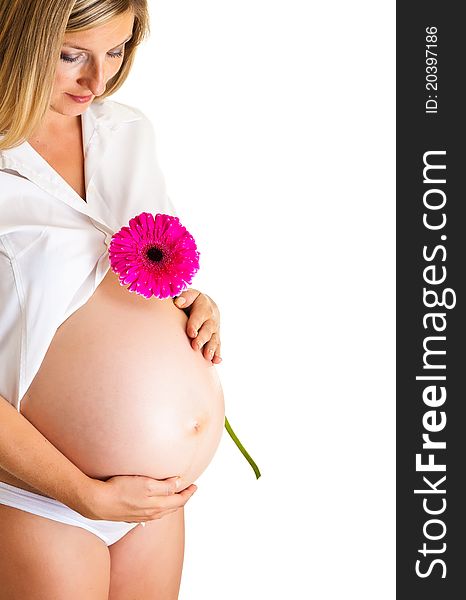 Pregnant woman holding gerbera flower isolated on white. Pregnant woman holding gerbera flower isolated on white