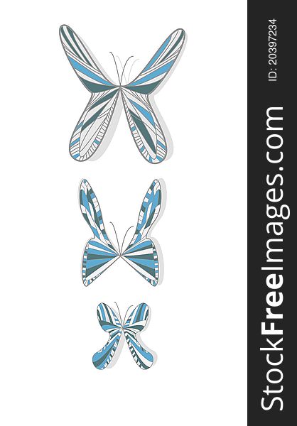 VEctor illustration with three stilized blue butterflies