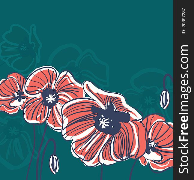 Blue elegance background with drawing poppies