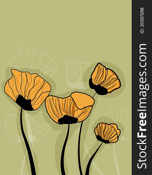 Abstract gray  background with yellow poppies. Abstract gray  background with yellow poppies