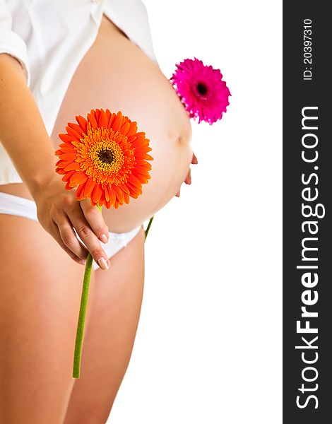 Pregnant woman holding gerbera flower isolated on white. Pregnant woman holding gerbera flower isolated on white