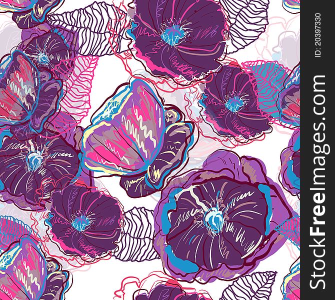 Abstract seamless texture with bright drawing flowers. Abstract seamless texture with bright drawing flowers