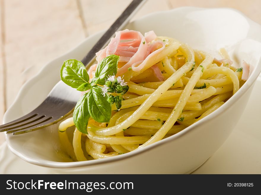 Photo of delicious pasta with sour cream and ham