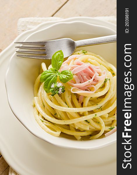 Photo of delicious pasta with sour cream and ham