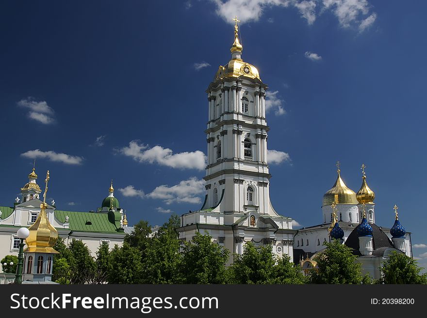 The church and bell tower in Holy Dormition Pochayiv Lavra