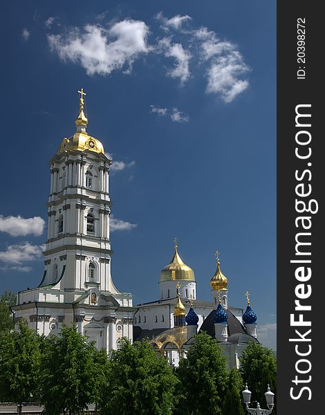 The church and bell tower in Holy Dormition Pochayiv Lavra