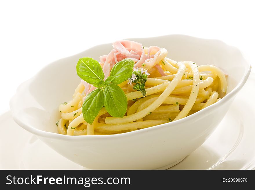 Pasta With Sour Cream And Ham Isolated
