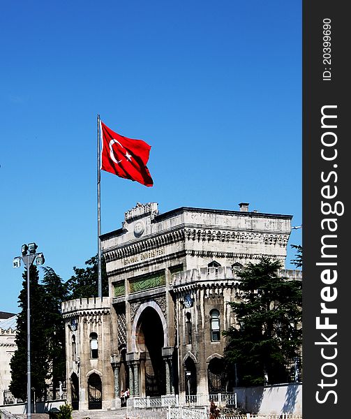 Turkish flag above university building in Istanbul, Turkey