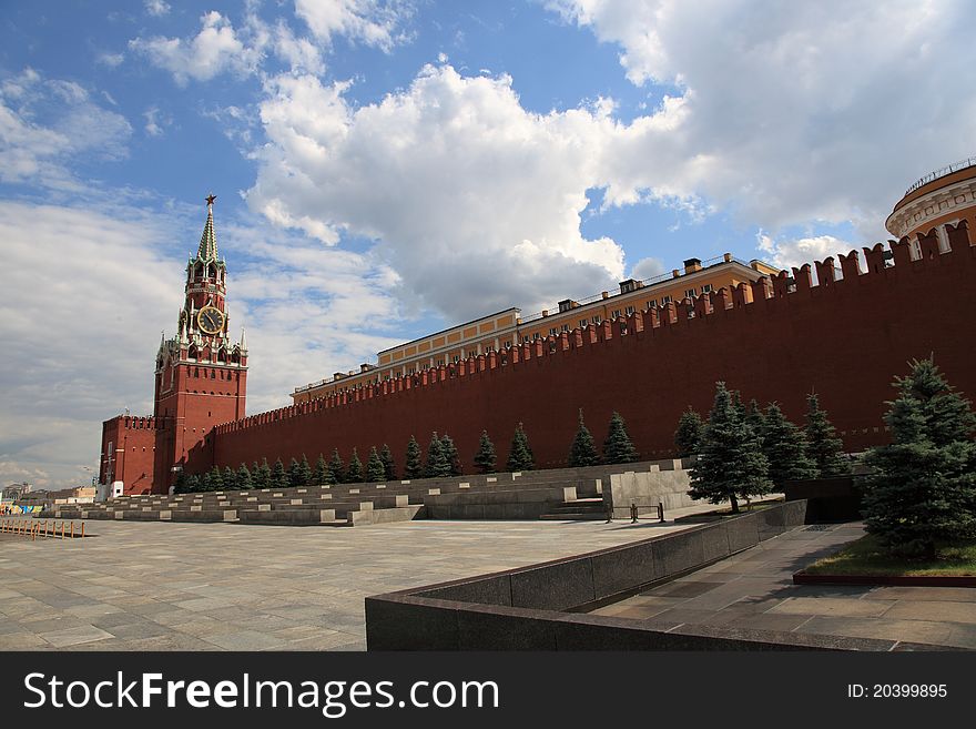 Lenin Mausoleum and Kremlin's tower at Red Square in Moscow, Russia