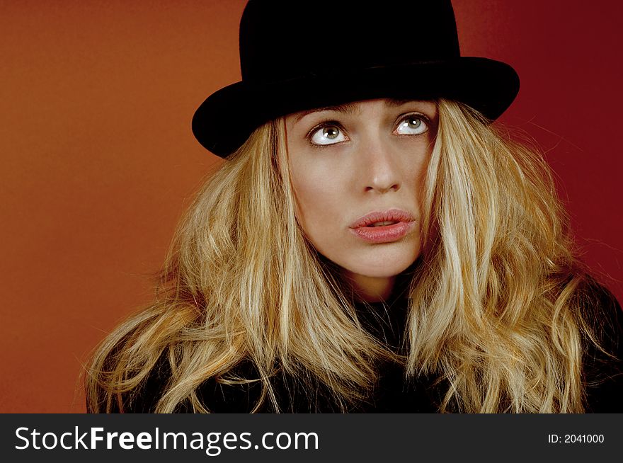 Beautiful fun loving woman with vintage bowler hat. Beautiful fun loving woman with vintage bowler hat