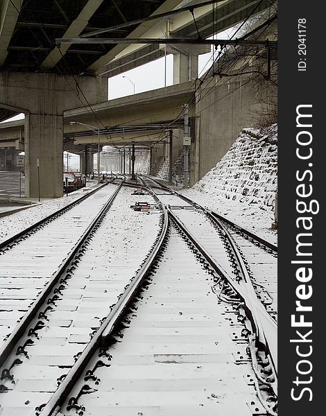 Trolley Tracks covered in Snow. Trolley Tracks covered in Snow