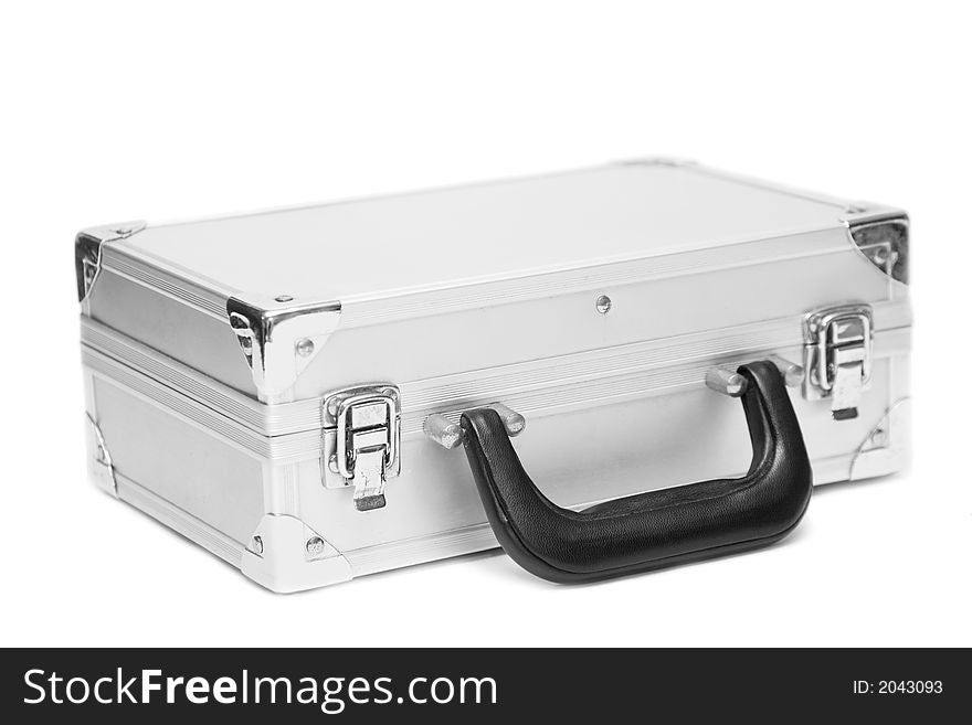 A hard metal case with plain sides, isolated on a white background.