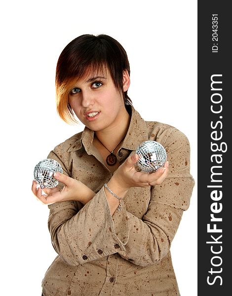 The Young Girl Holds Mirror Spheres In Hands